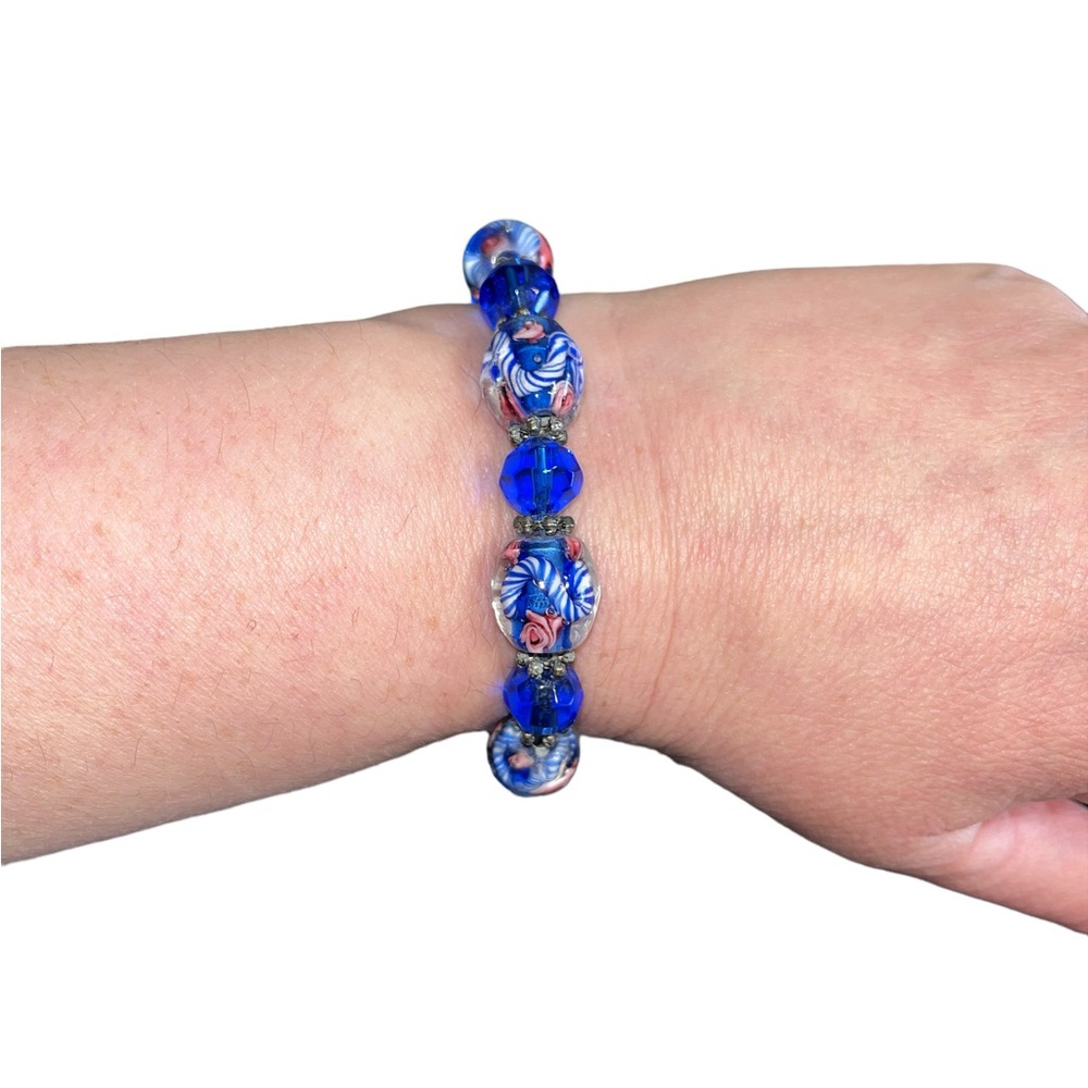 Blue Glass Beaded Stretchy Bracelet